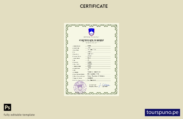 listo para imprimir plantilla PSD de certificado de nacimiento de Eslovenia